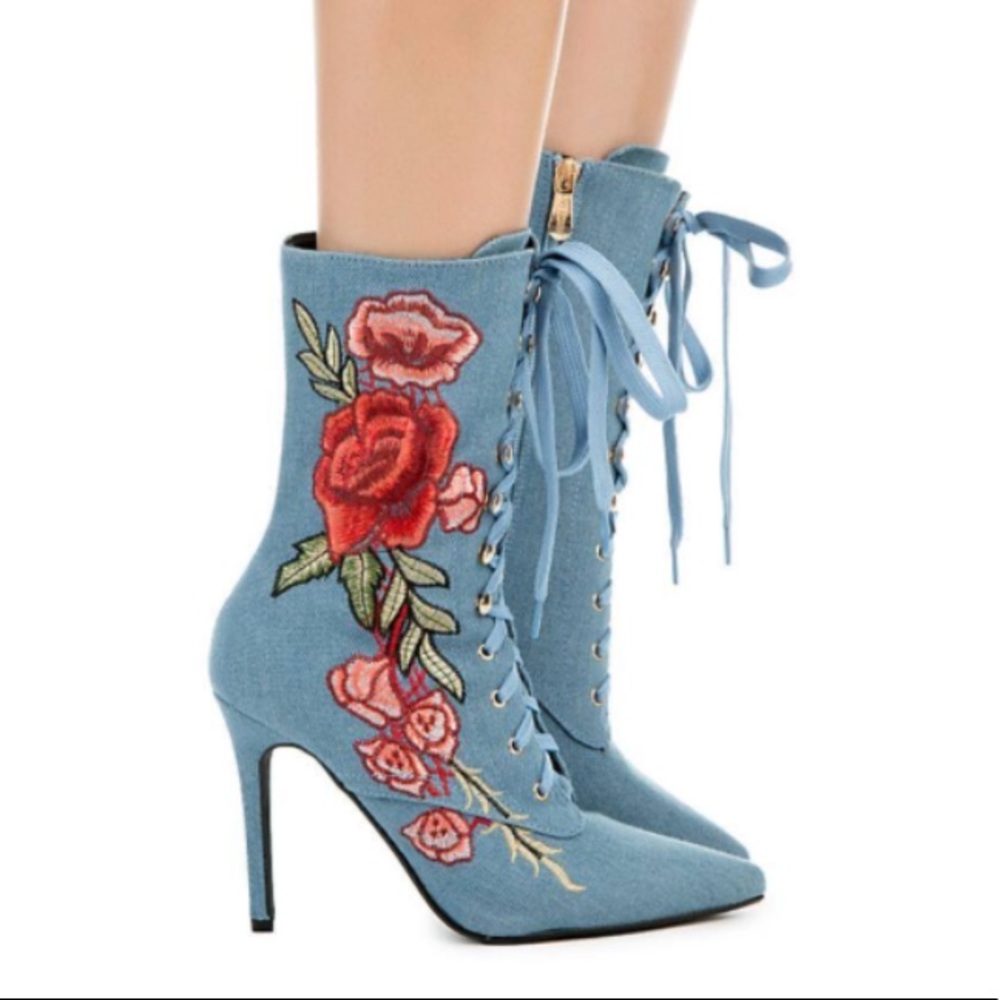 DENIM LACE UP ROSE BOOTIES - Picture 4 of 8